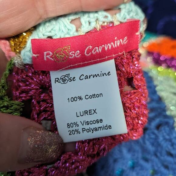 Rose Carmine Granny Square Crochet Multicolor Tank Top Tie Shoulder Cotton - Picture 3 of 9